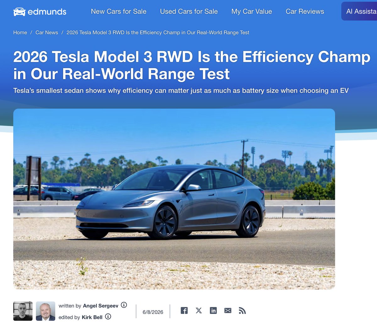 2026 Model 3 RWD Beats EPA Range by 30 Miles in Edmunds Test