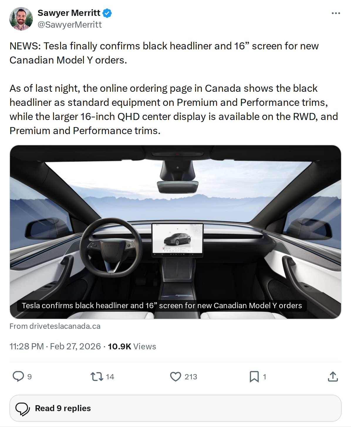 Tesla Model Y Canada Gets Black Headliner & 16" Screen