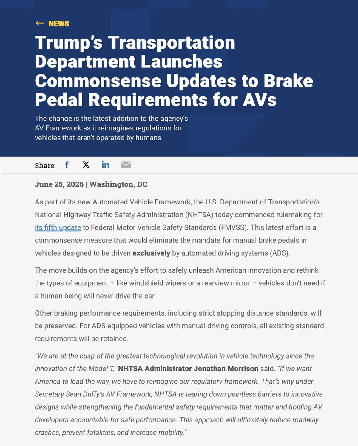 NHTSA Drops Manual Brake Pedal Mandate for Autonomous Vehicles