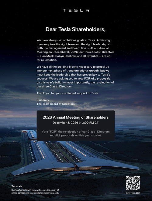 Tesla Board Urges Shareholder Support Ahead of Dec. 3 Annual Meeting