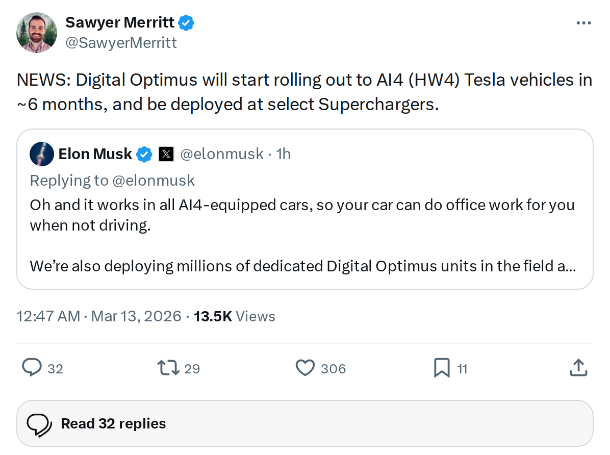 Digital Optimus AI Coming to HW4 Teslas and Superchargers