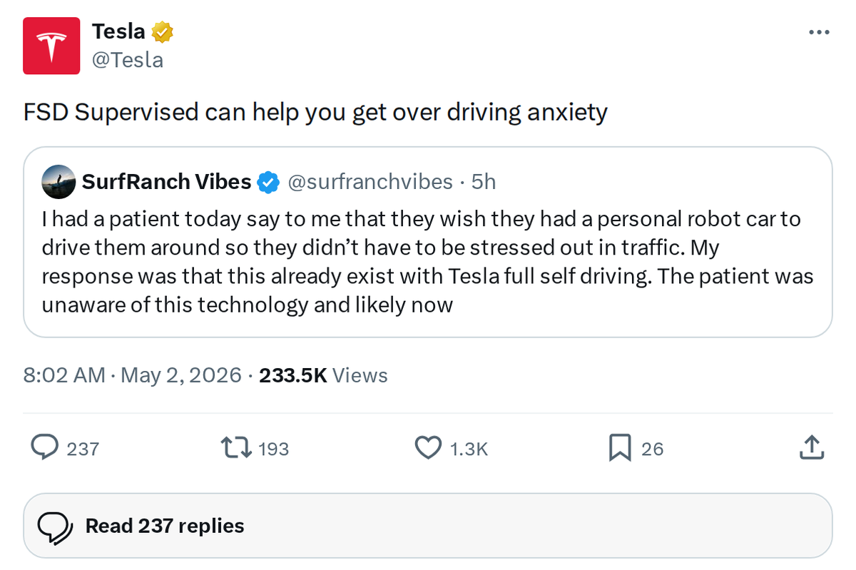 Tesla Says FSD Supervised Can Help With Driving Anxiety