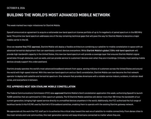 SpaceX Lands 800 MHz Spectrum: Starlink Mobile's Carrier Play Gets Real