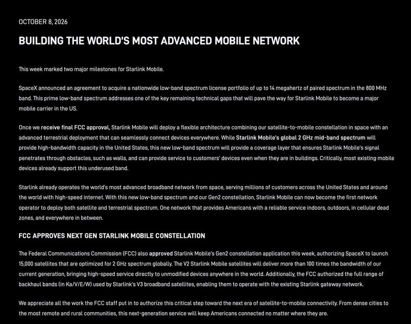 SpaceX Lands 800 MHz Spectrum: Starlink Mobile's Carrier Play Gets Real