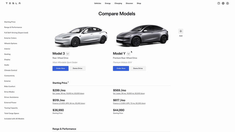 Tesla Launches Model Comparison Tool: Compare Every Car Side by Side