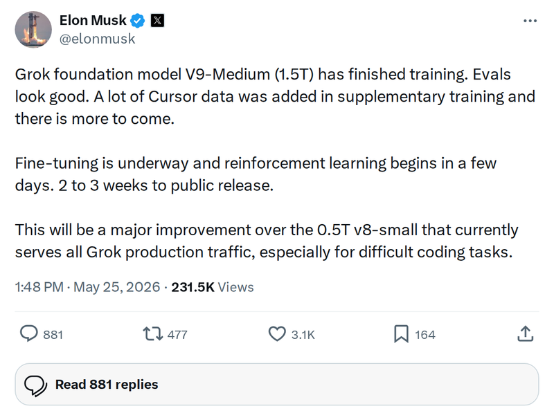 Grok V9-Medium (1.5T) Finishes Training, Release in 2-3 Weeks
