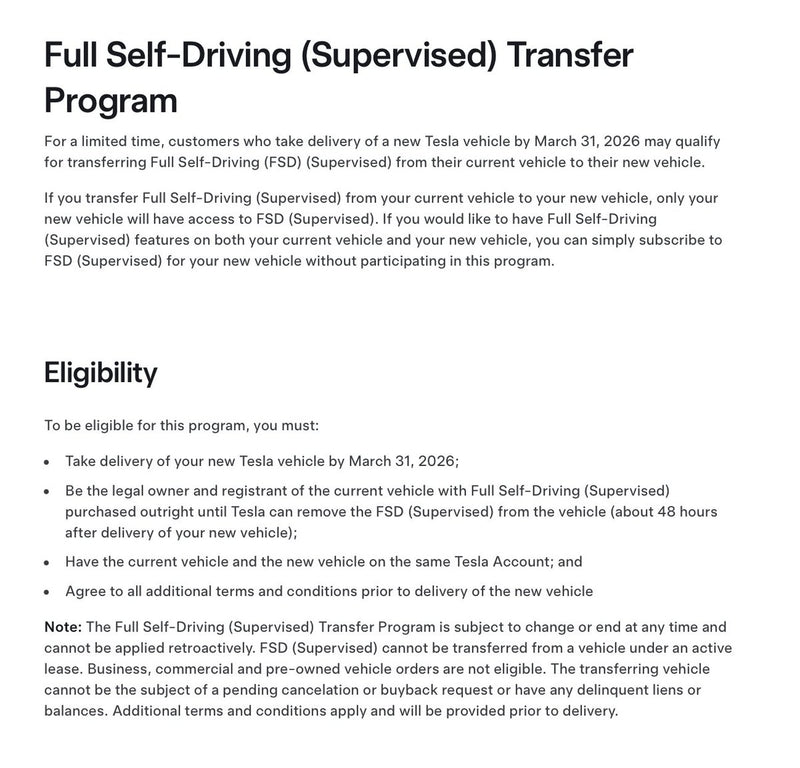 Tesla FSD Transfer Deadline Tightened: Take Delivery by March 31