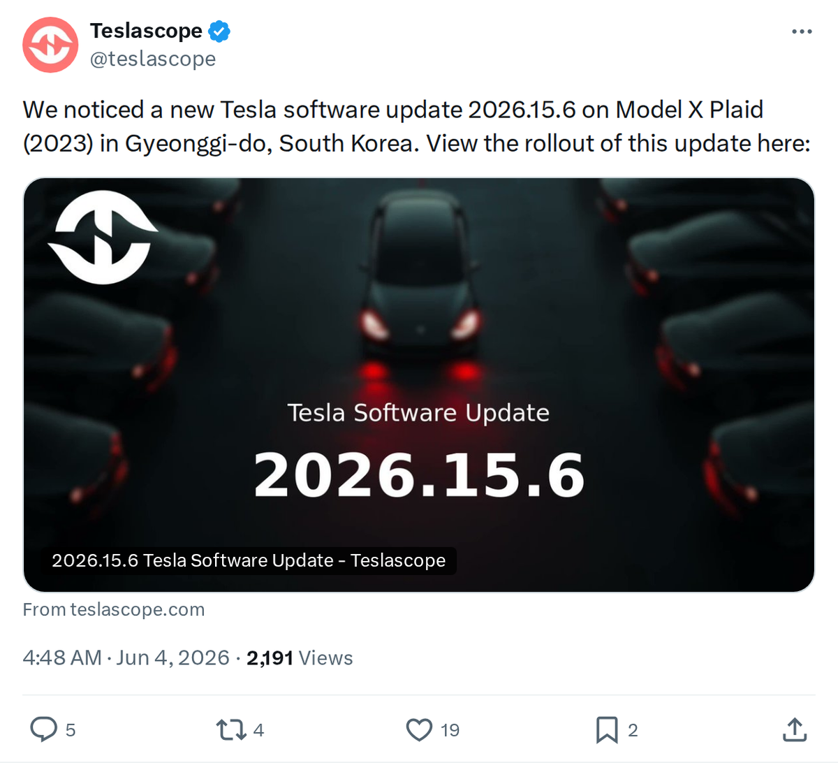 Tesla Software 2026.15.6 Spotted in South Korea on Model X Plaid