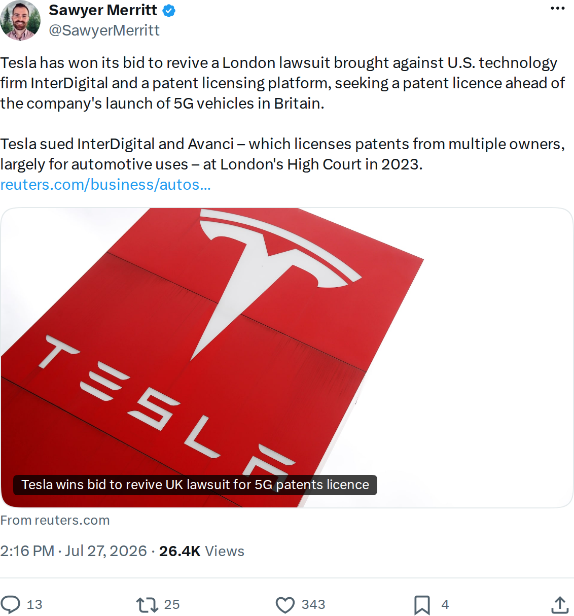 Tesla Wins UK Supreme Court Fight Over 5G Patent Licensing