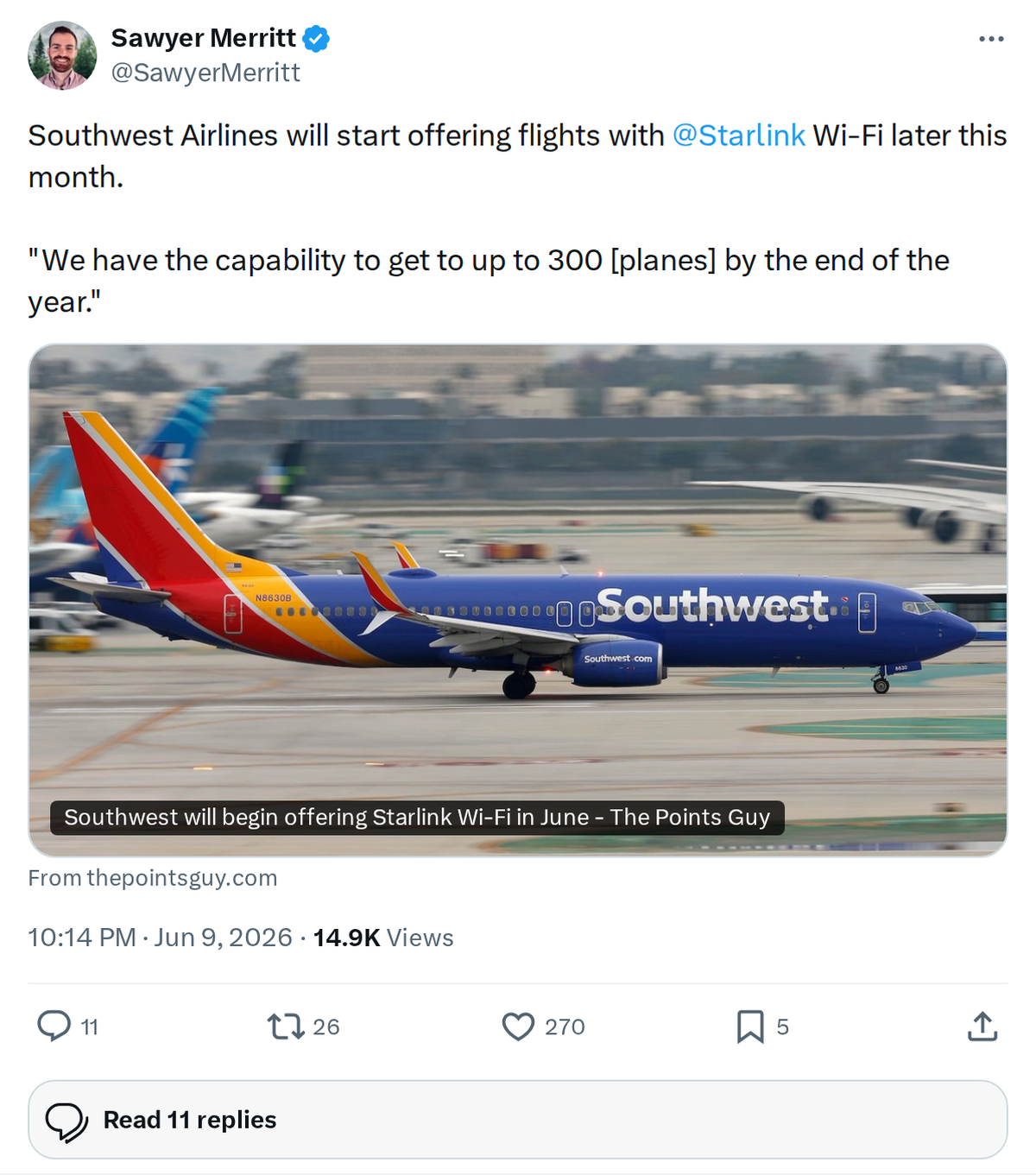 Starlink Wi-Fi Is Coming to Southwest Airlines This Month