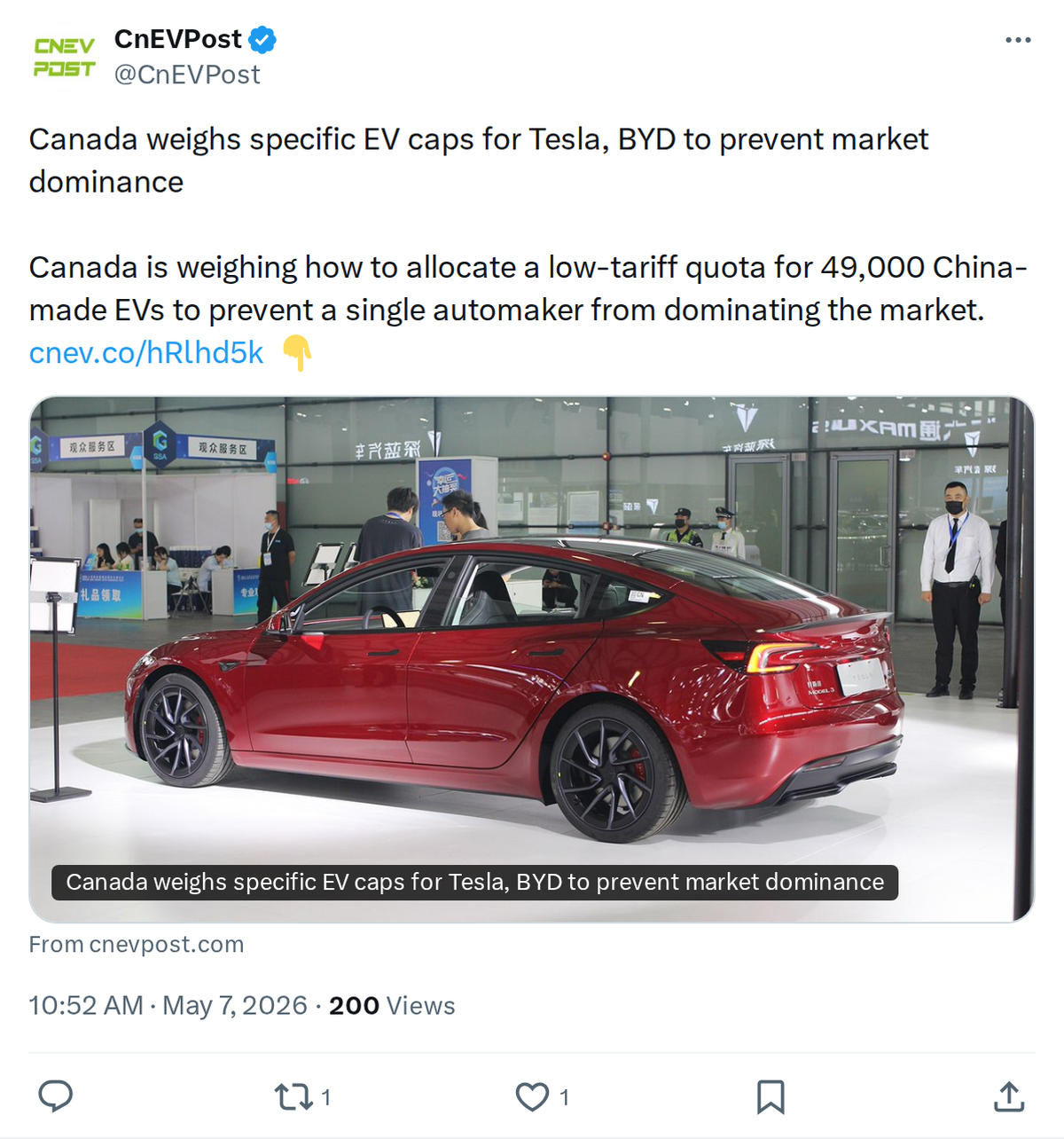 Canada Eyes Per-Brand EV Import Caps for Tesla and BYD