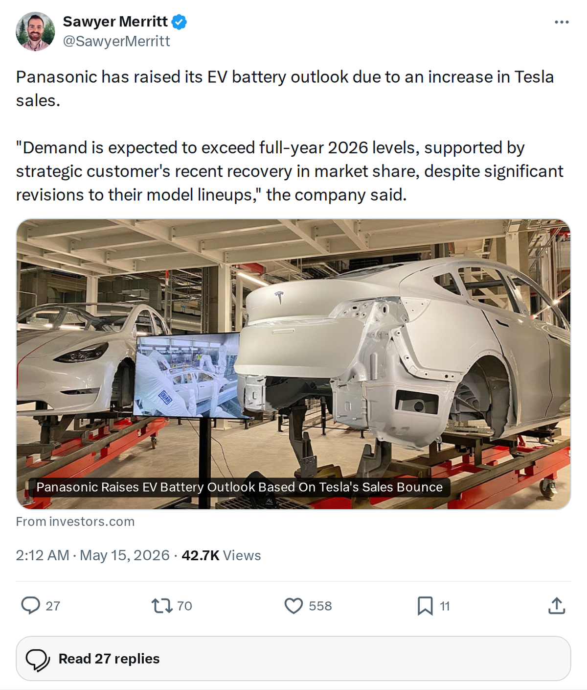 Panasonic Raises Battery Outlook on Tesla Market Share Recovery