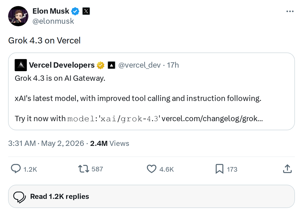 xAI Launches Grok 4.3 — Now Live on Vercel