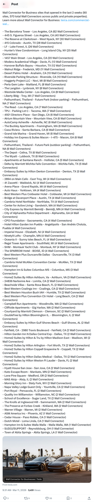 Tesla Wall Connector for Business Adds 90 Sites and 570 Chargers