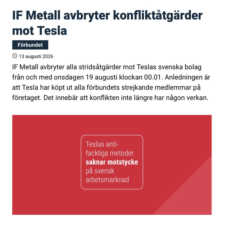 Tesla Wins Nearly 3-Year Sweden Strike as IF Metall Ends Actions