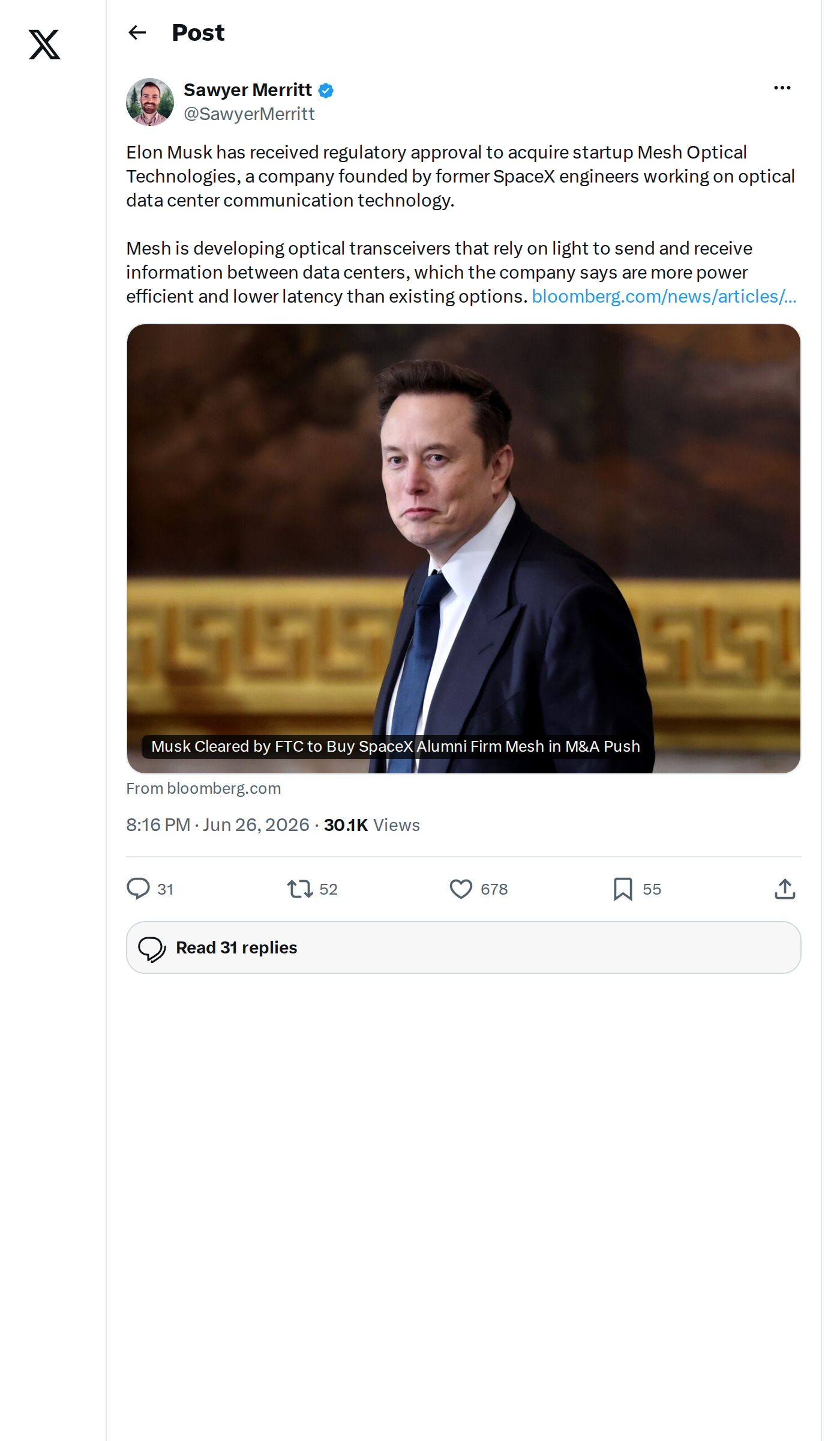 Musk Acquires Mesh Optical Technologies in FTC-Cleared Deal