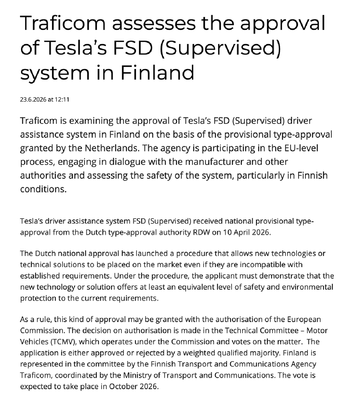 Finland May Approve Tesla FSD Before EU's October Decision