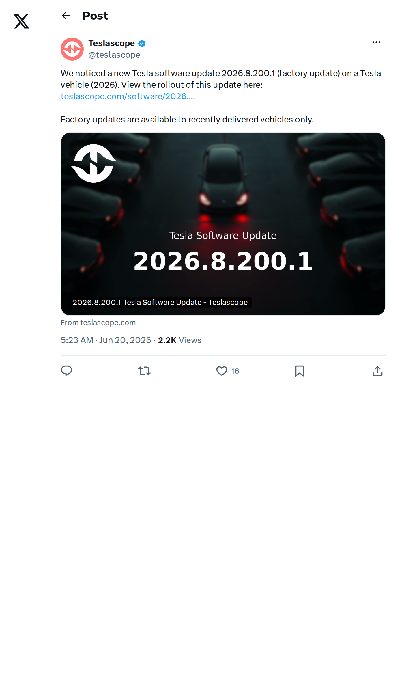 Tesla Factory Update 2026.8.200.1 Spotted on New Deliveries