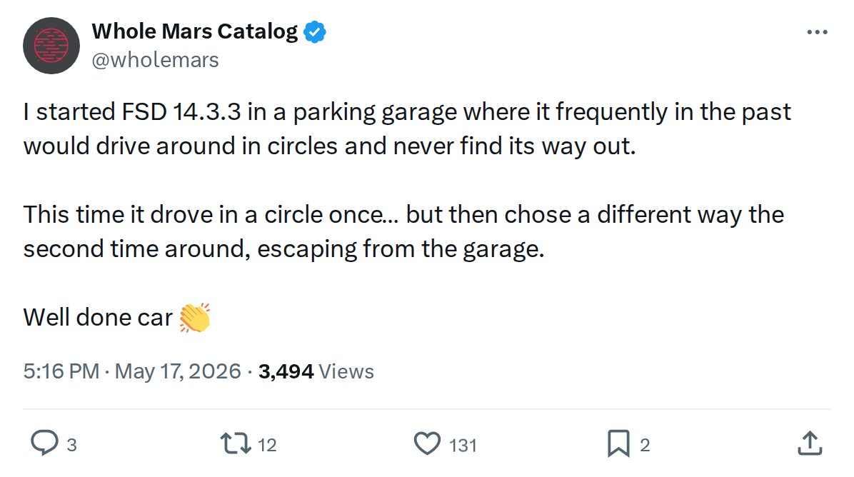FSD 14.3.3 Cracks the Parking Garage Problem