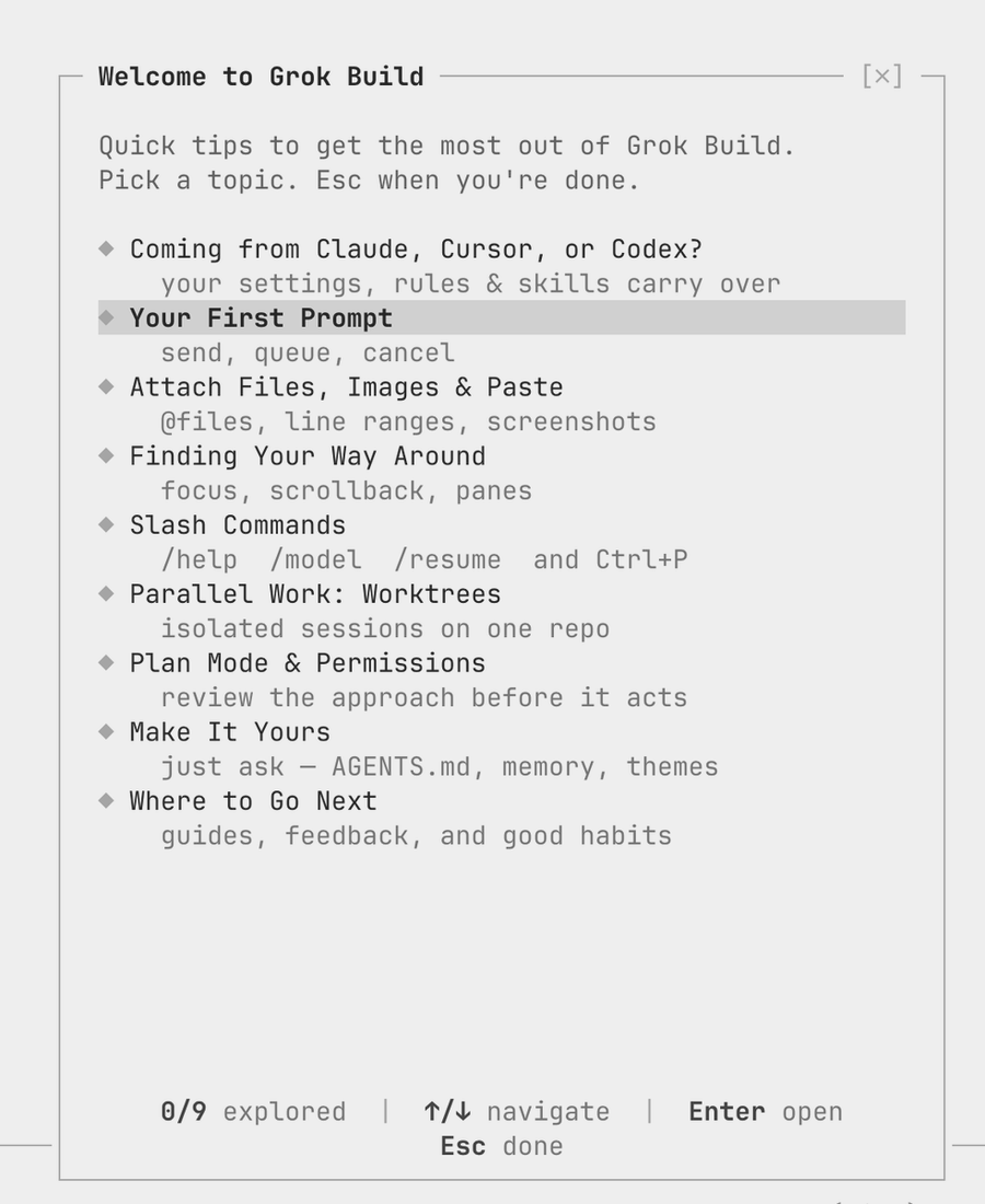 Menú de Grok Build