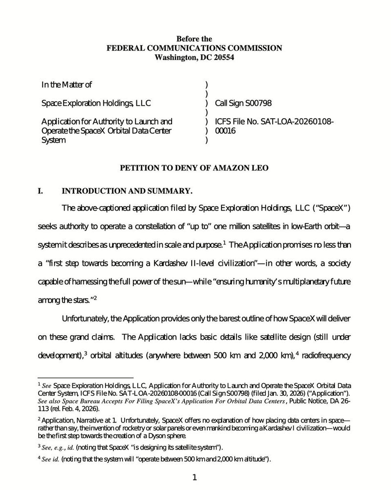 Amazon Petitions FCC to Block SpaceX's 1 Million-Satellite Plan