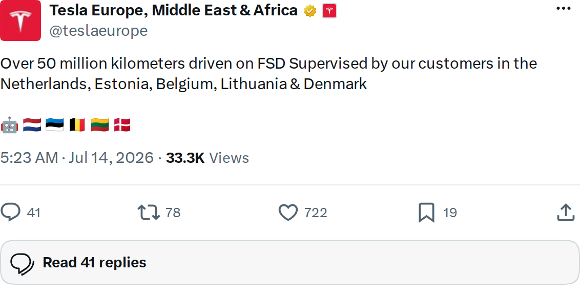 Tesla FSD Supervised Crosses 50 Million Kilometers in Europe