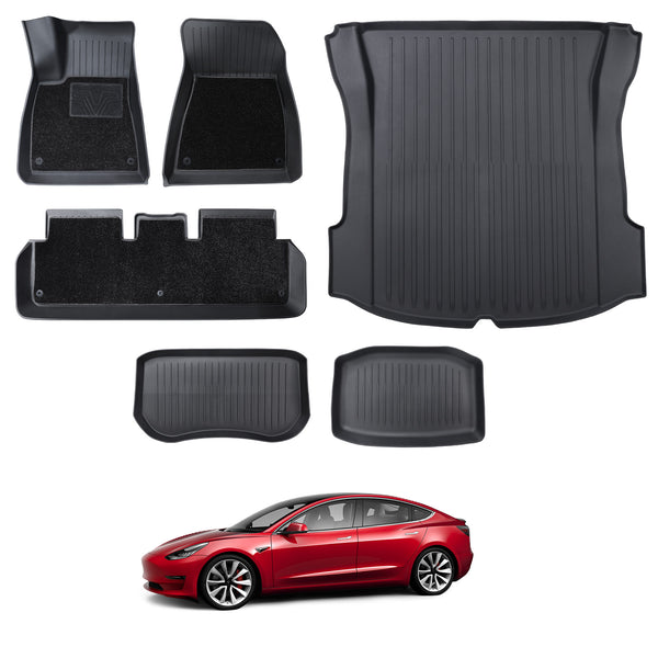 BASENOR Tesla Model 3 Floor Mats Set All Weather Waterproof TPE Floor Mat Removable Anti-Slip Carpet Interior Liners Front Rear Cargo Liner Model 3 Accessories 2017-2023 (6 PCS)