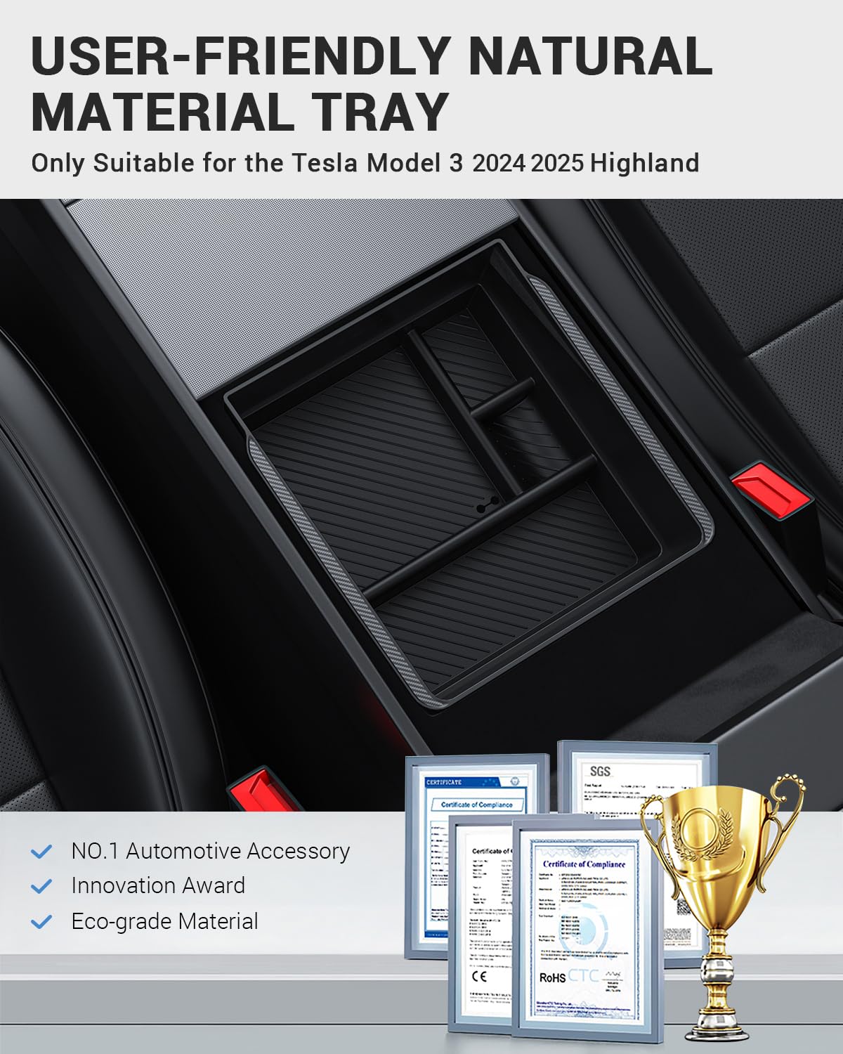 2024-2025 Tesla Model 3 Highland Console Organizer - Carbon Edition 3PCS - Image 9