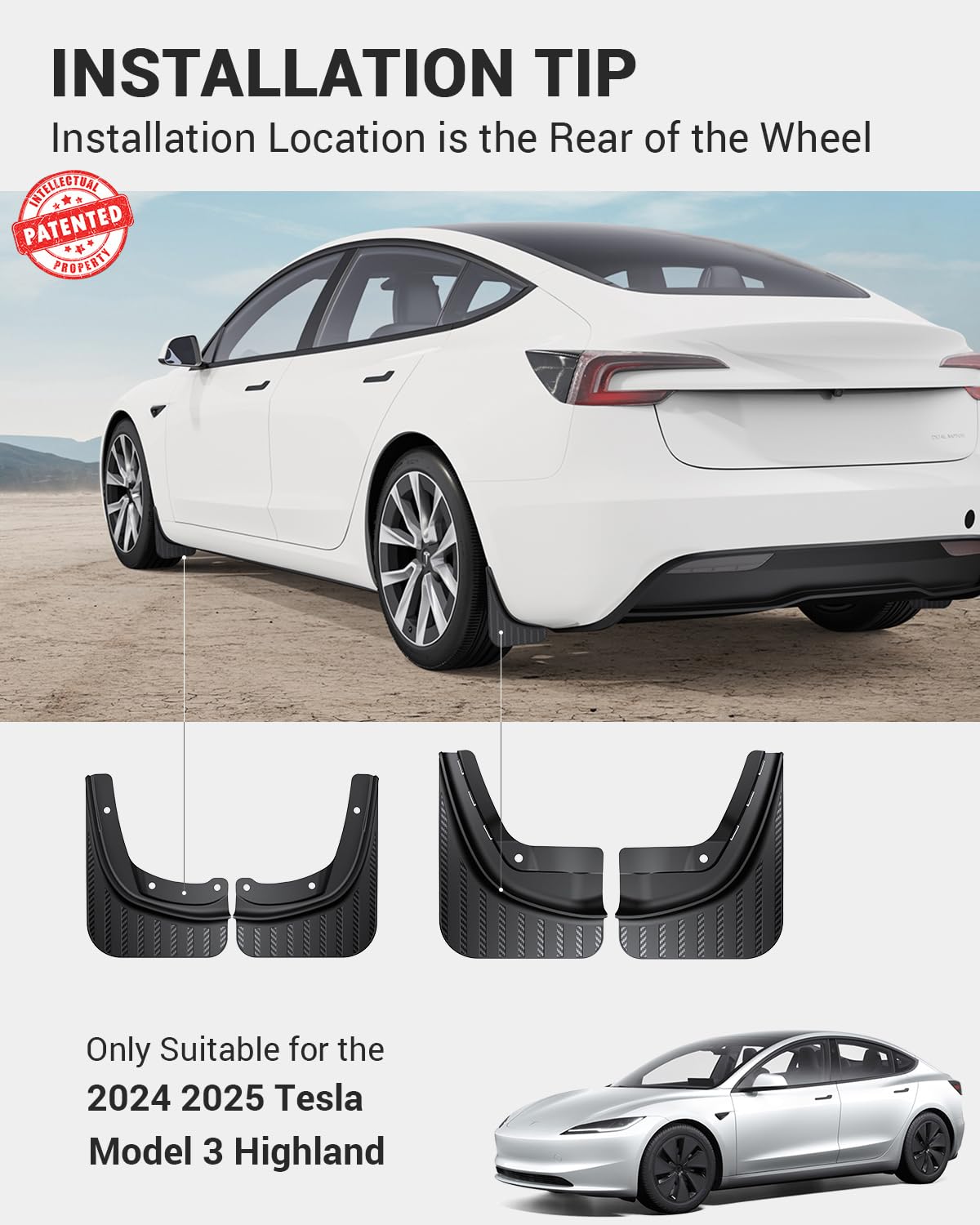 2024-2026 Tesla Model 3 Highland Mud Flaps - No Drilling Paint Protection - Image 9
