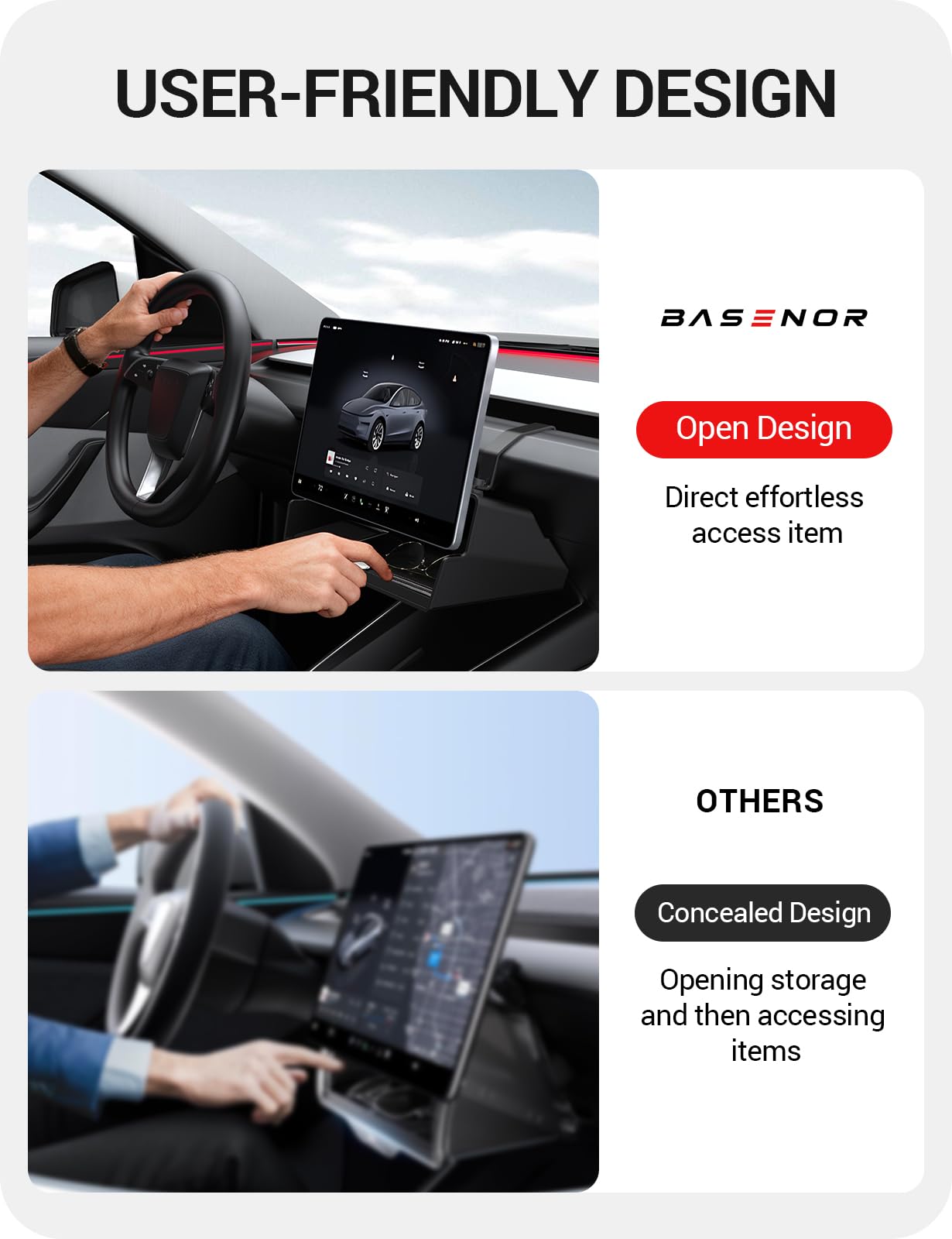 BASENOR 2026 Tesla Model Y Model 3 Under Screen Storage Box [100% Secure] Center Console Organizer Tray for Model Y Juniper 2025 2026 Model 3 Highland 2024 2025(Standard, Premium & Performance)