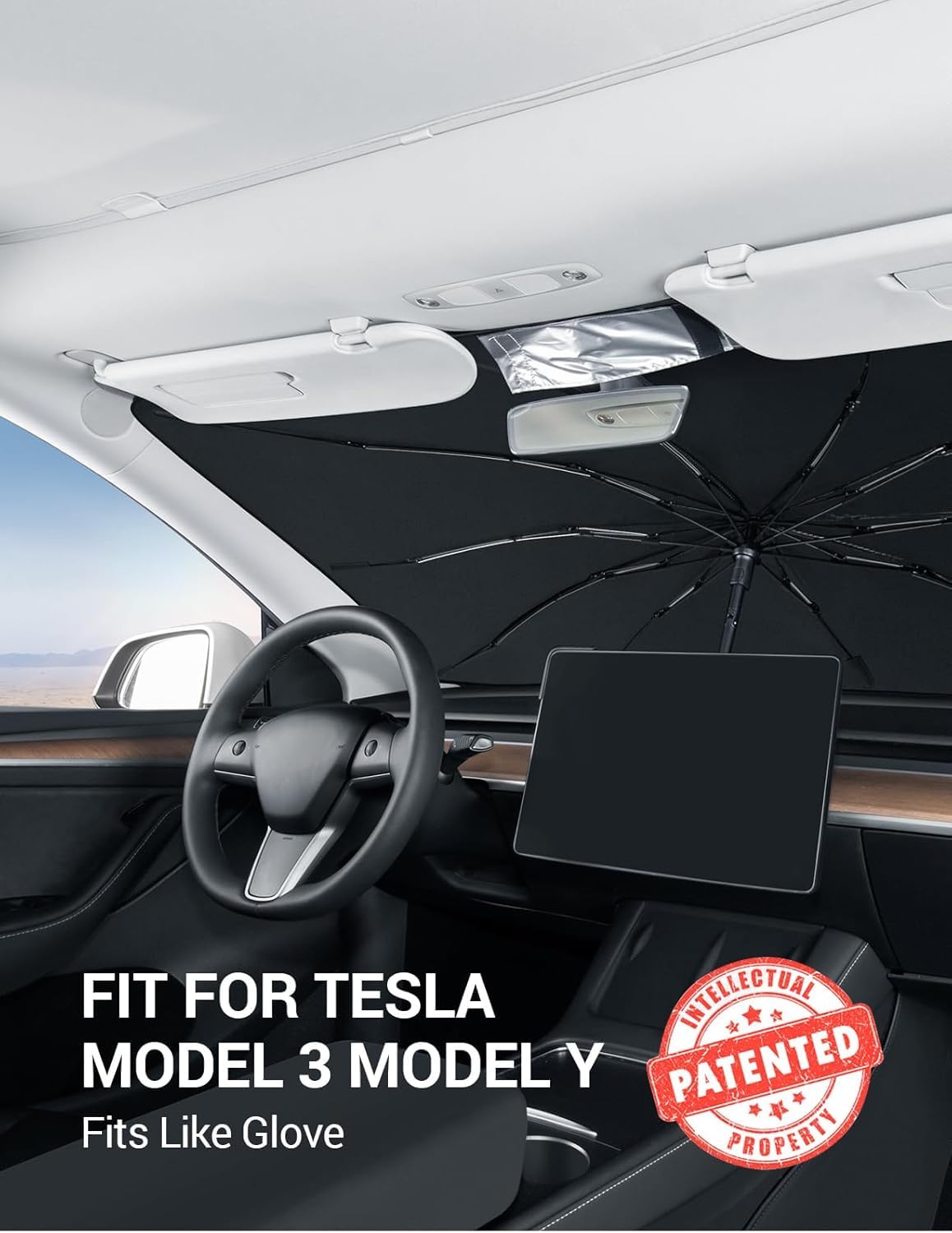 BASENOR 2017-2025 Telsa Model 3 Model Y Windshield Sunshade [Nano Ice Crystal Particle] Umbrella Front Window Sun Shade [No Gaps] Coating 100% Heat Protection Retractable Sunshades Telsa Accessories