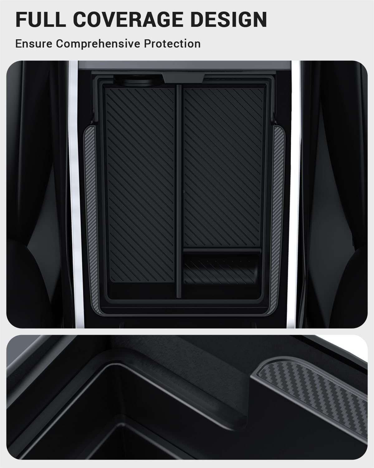 BASENOR Upgraded Tesla Model Y Model 3 Armrest Console Organizer (Carbon Edition) Armrest Storage Box Compatible with Tesla Model Y 2021-2024 Tesla Model 3 2021-2023 Interior Accessories