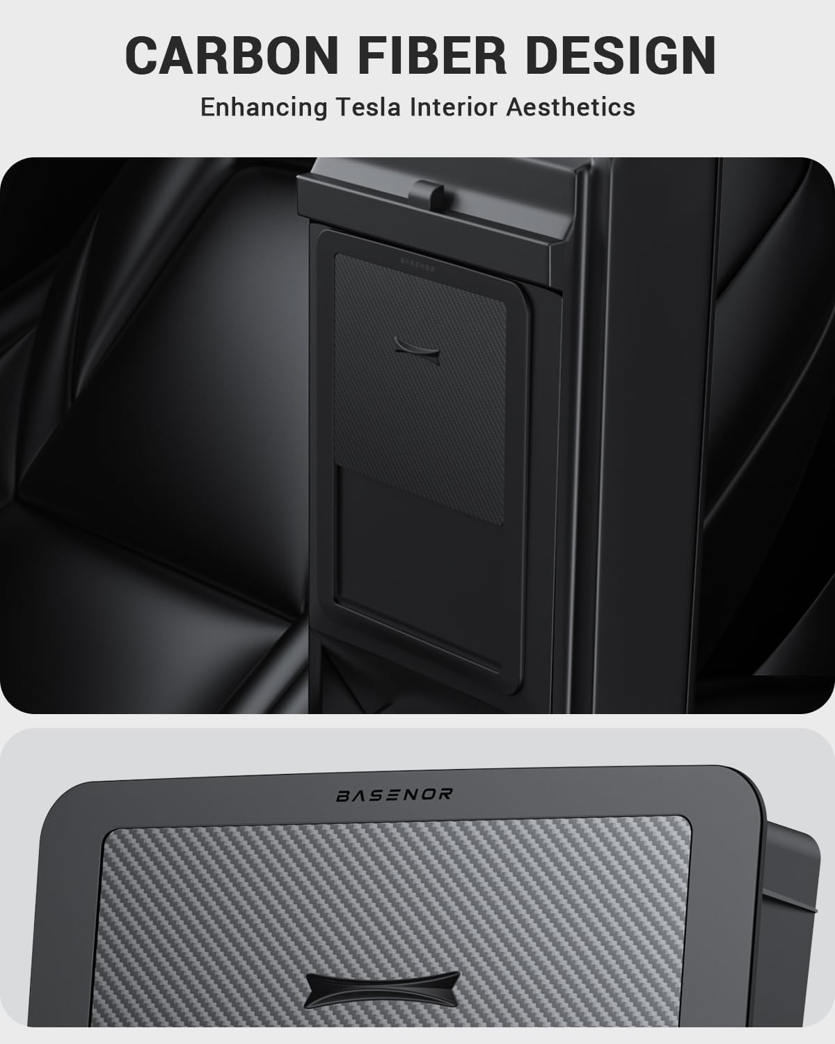 BASENOR 3PCS Tesla Model Y Model 3 Center Console Organizer [Carbon Fiber Edition] Armrest Hidden Storage Box, Custom for Model Y 2021-2024 Tesla Model 3 2021-2023, Tesla Interior Accessories