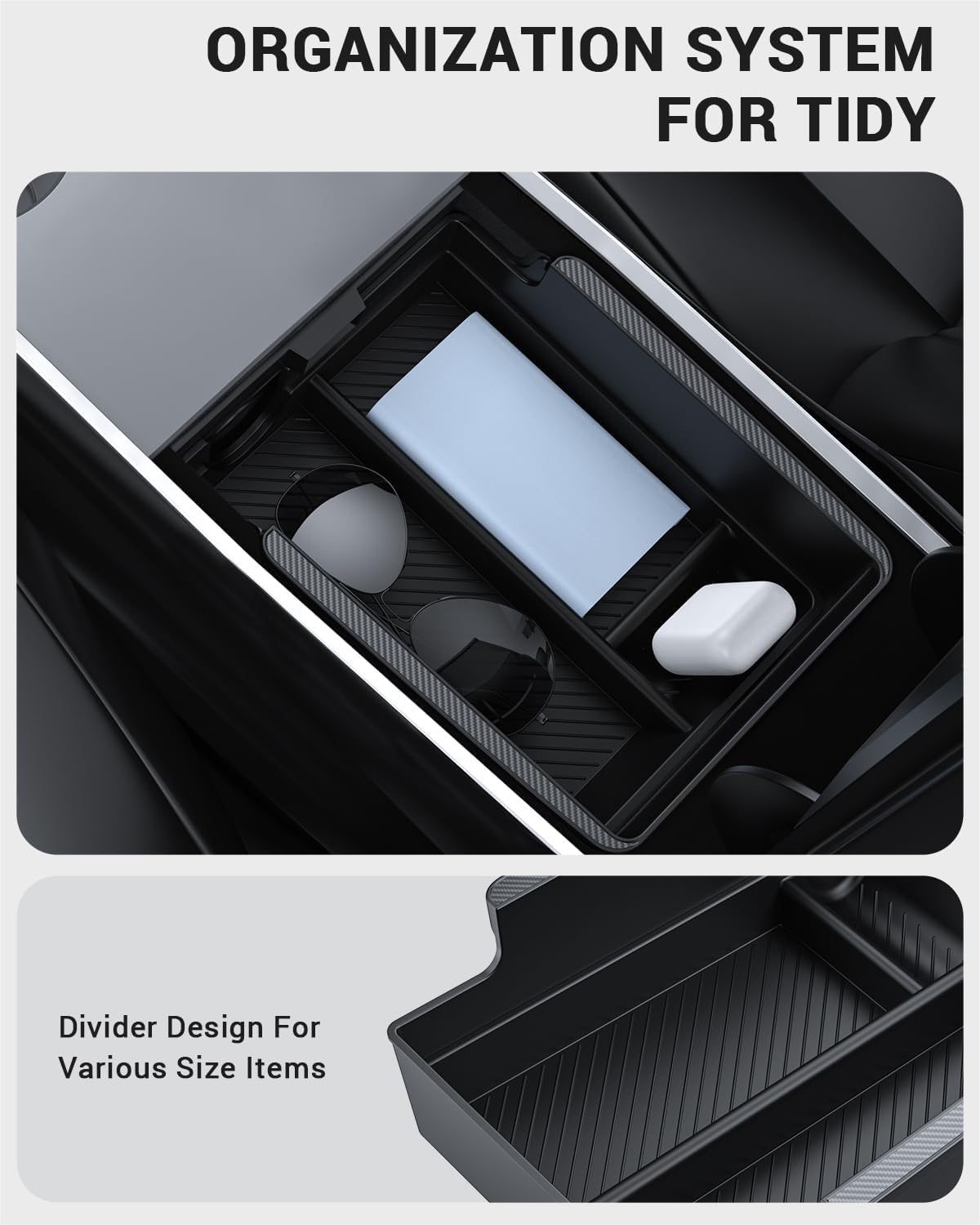 BASENOR Upgraded Tesla Model Y Model 3 Armrest Console Organizer (Carbon Edition) Armrest Storage Box Compatible with Tesla Model Y 2021-2024 Tesla Model 3 2021-2023 Interior Accessories