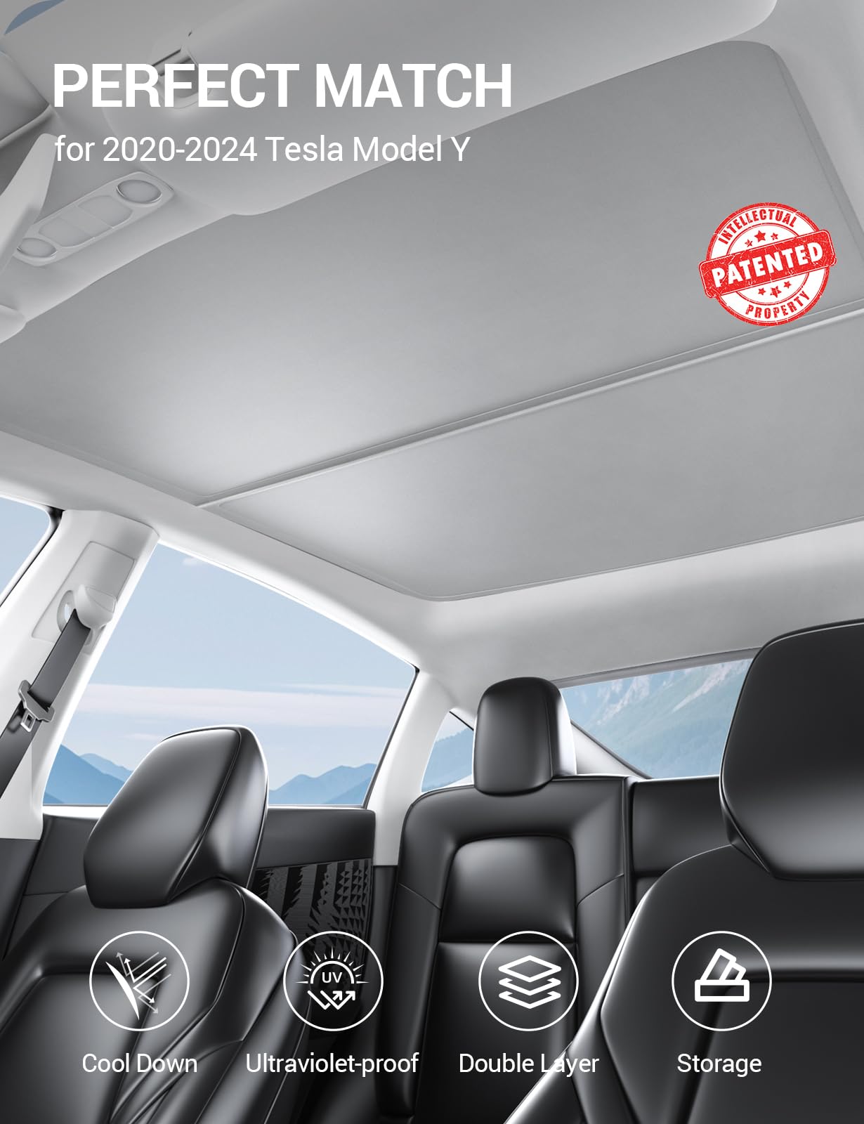 BASENOR Upgraded Tesla Model Y Sunshade Roof, [Nano Ice-Crystal Coatings] Heat Insulation Glass Roof Shade, Top Window Retractable Sun Protection, Sunroof Blocking Cover for Model Y 2020-2024 Gray