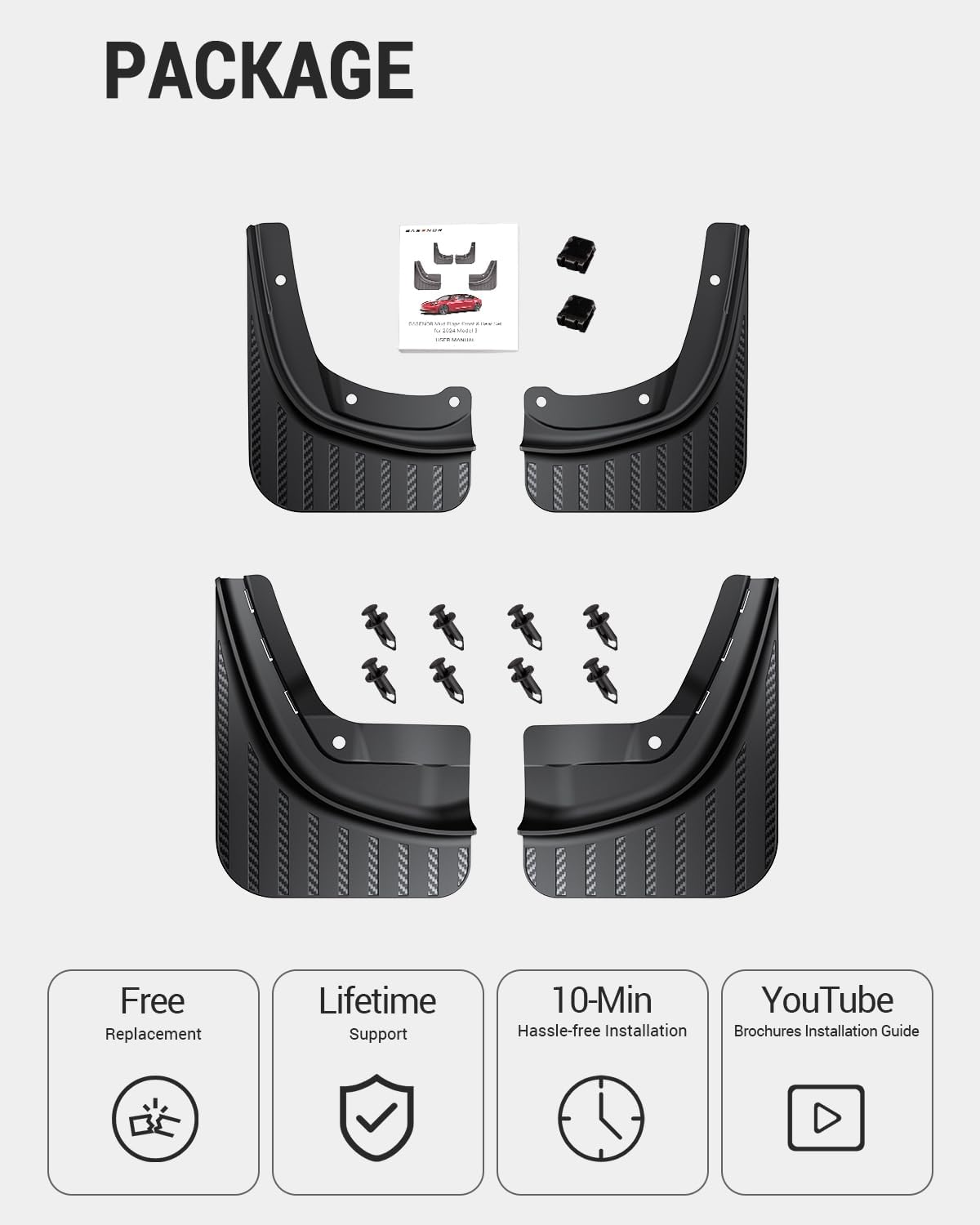 BASENOR New Version 2024 2025 Tesla Model 3 Highland Mud Flaps Splash Guards [No Drilling No Tape] [10x Stronger] All Weather Tire Protector Mudflaps for Model 3 Exterior Accessories