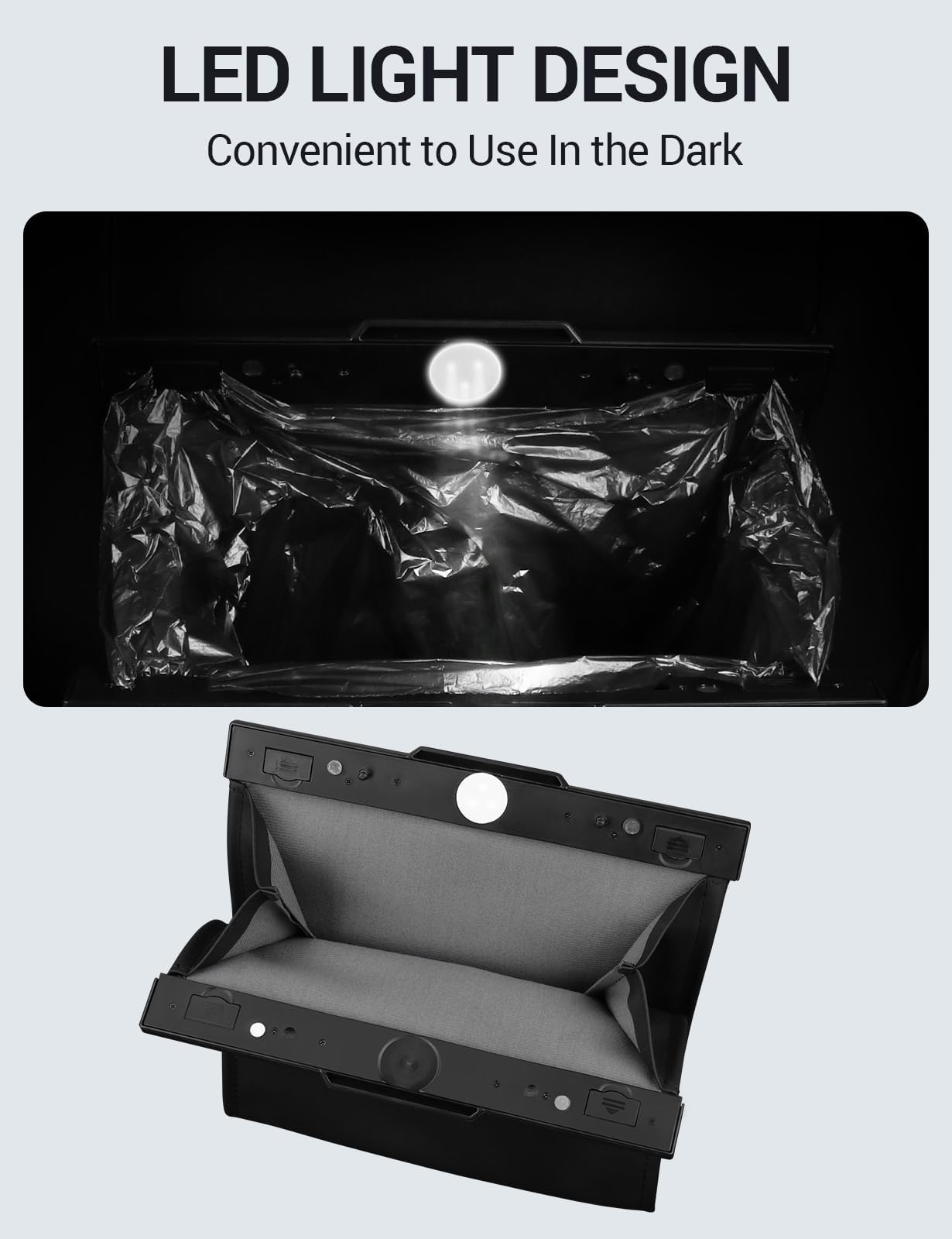 BASENOR 2026 Upgraded Tesla Model Y/3/S/X Cybertruck Trash Can, [Strong Magnetic] [Waterproof] LED Light Garbage Bin Leather Garbage Can, Seat Back Hanging Interior Accessories 2017-2026