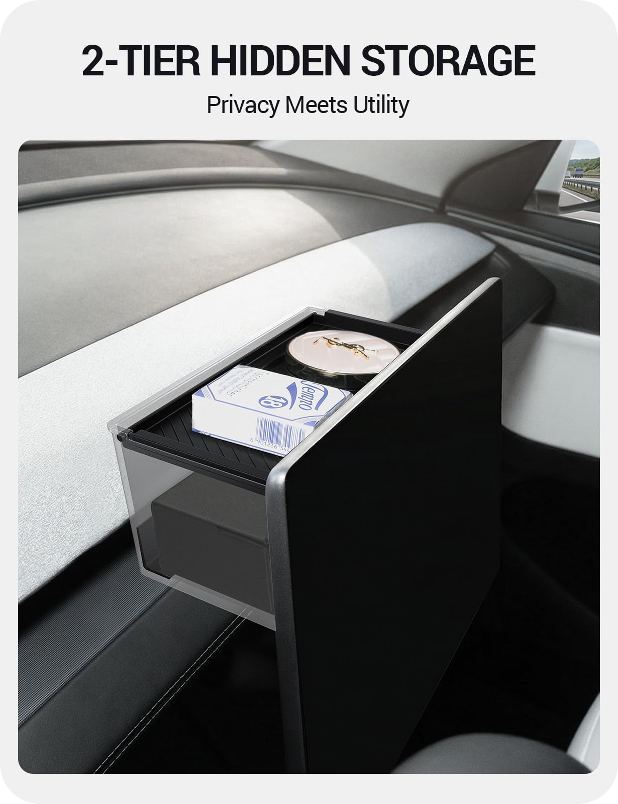 2024-2026 Tesla Model 3 Highland & Model Y Juniper Behind Screen Storage - 2-Tier Hidden Organizer | BASENOR