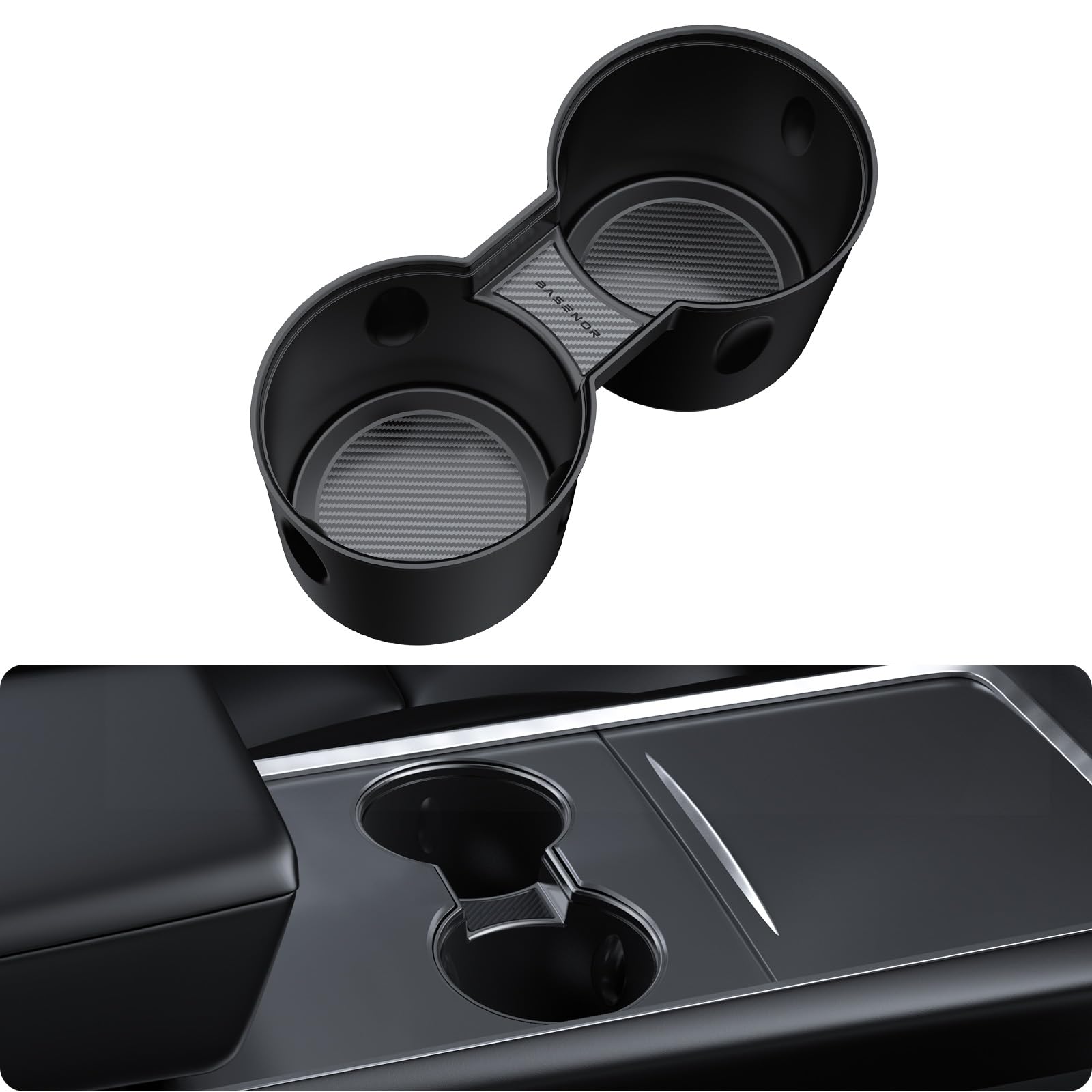 BASENOR Upgrade Center Console Cup Holder Insert [Carbon Edition] [Fit Trenta Cups] for 2021-2024 Tesla Model Y and 3 [Not Compatible with Model 3 2024 2025]