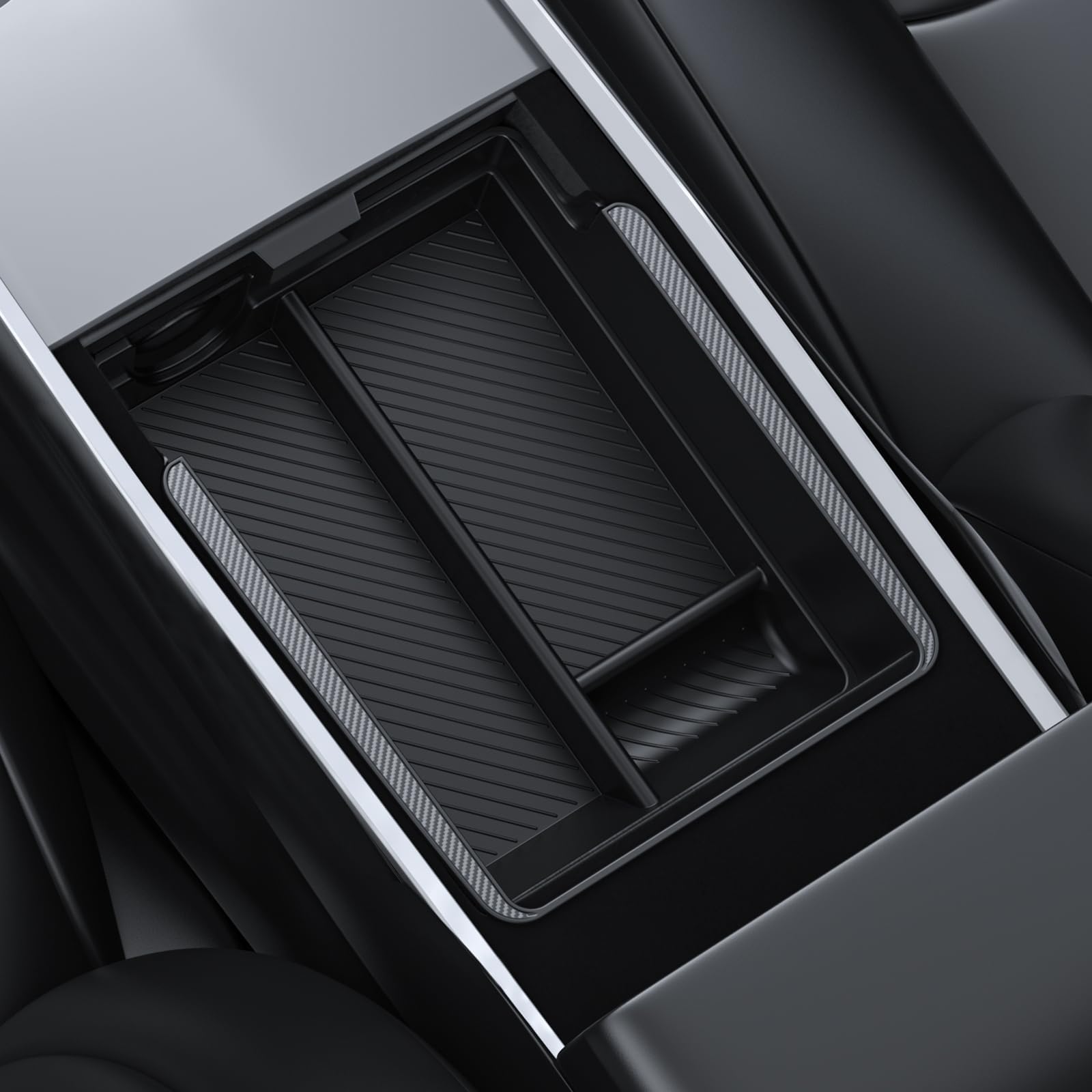 BASENOR Upgraded Tesla Model Y Model 3 Armrest Console Organizer (Carbon Edition) Armrest Storage Box Compatible with Tesla Model Y 2021-2024 Tesla Model 3 2021-2023 Interior Accessories
