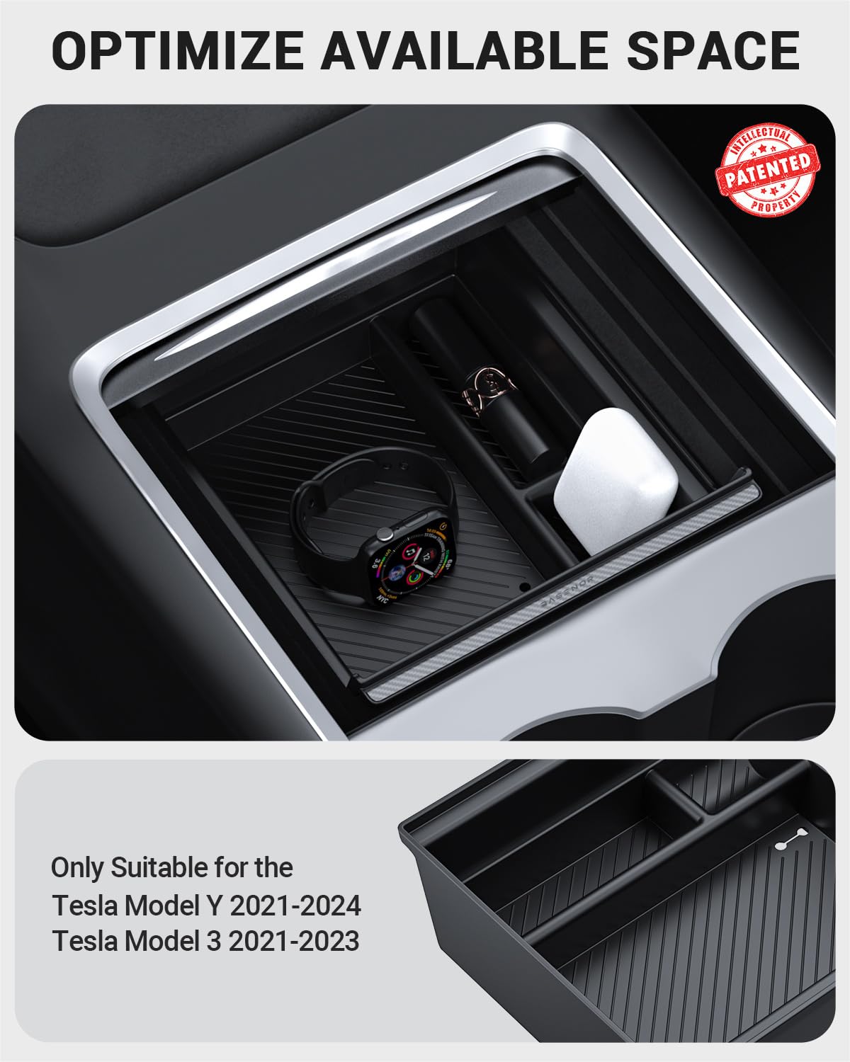 BASENOR Center Console Organizer Tray for Tesla Model Y 2021-2024 Model 3 2021-2023 (Carbon Edition), Tesla Console Hidden Drawer Storage Box Interior Accessories