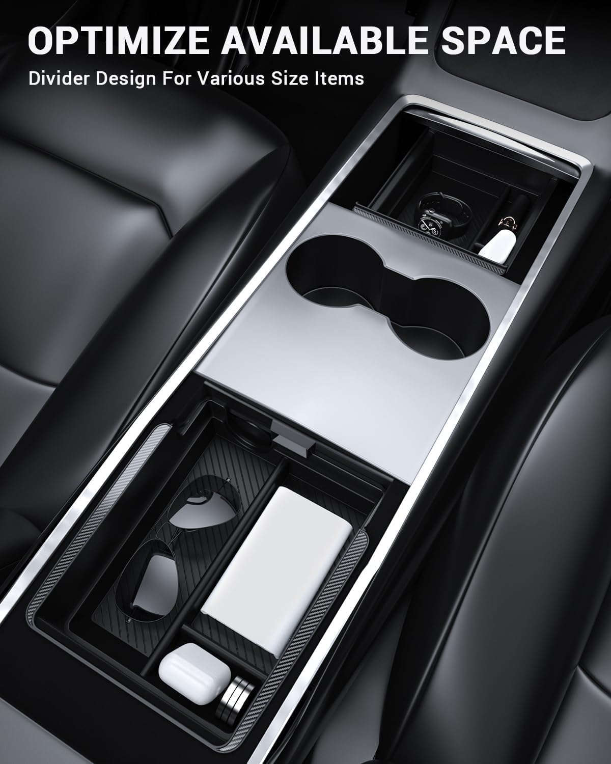 BASENOR 3PCS Tesla Model Y Model 3 Center Console Organizer [Carbon Fiber Edition] Armrest Hidden Storage Box, Custom for Model Y 2021-2024 Tesla Model 3 2021-2023, Tesla Interior Accessories