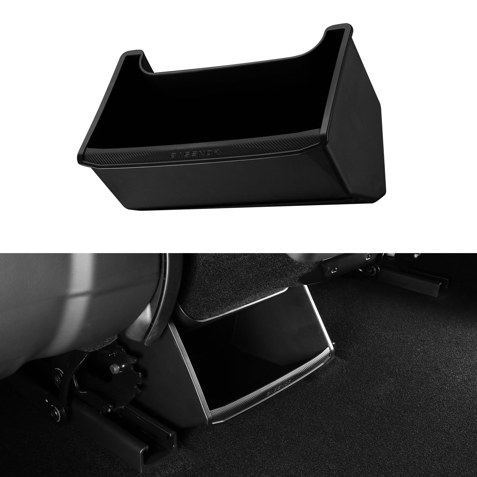 BASENOR 2024 2025 Tesla Model 3 Rear Trash Can Center Console Organizer [Carbon Edition] Backseat Storage Box Rear Middle Bin 2nd Row Seat Organizer for Model 3 Interior Accessories
