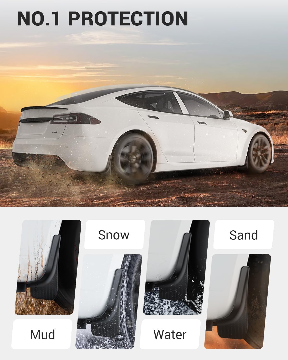 BASENOR New Version Tesla Model S/Model S Plaid Mud Flaps Splash Guards [No Drilling No Tape] [10X Stronger] All Weather Tire Protector Mudflaps for 2021-2025 Model S Exterior Accessories