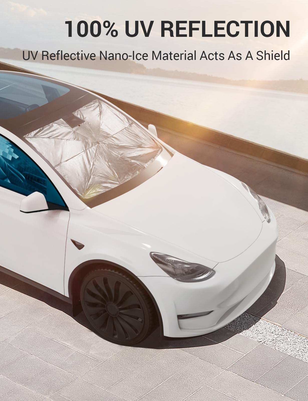 BASENOR 2017-2025 Telsa Model 3 Model Y Windshield Sunshade [Nano Ice Crystal Particle] Umbrella Front Window Sun Shade [No Gaps] Coating 100% Heat Protection Retractable Sunshades Telsa Accessories