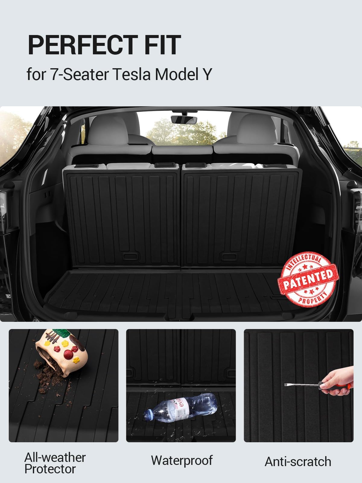 BASENOR 2020-2024 Tesla Model Y Rear Trunk Mat with Backrest Mats TPE Waterproof All-Weather Protect Cargo Liner for 7 Seat Model Y Black