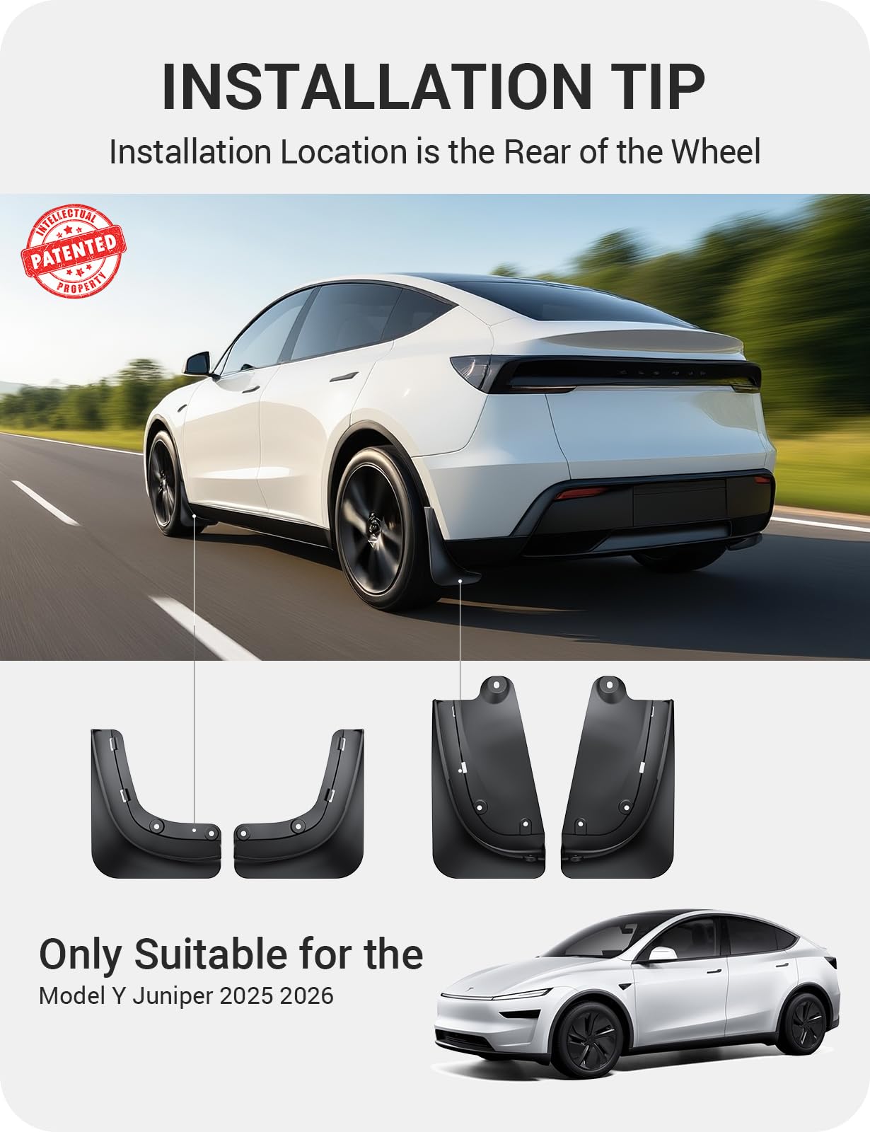BASENOR 2026 2025 Tesla Model Y Juniper Mud Flaps Splash Guards [No Drilling No Tape] All-Weather Mud Guard, Tire Protector Mudflaps for Model Y Juniper 2025 2026 Exterior Accessories (Set of 4)