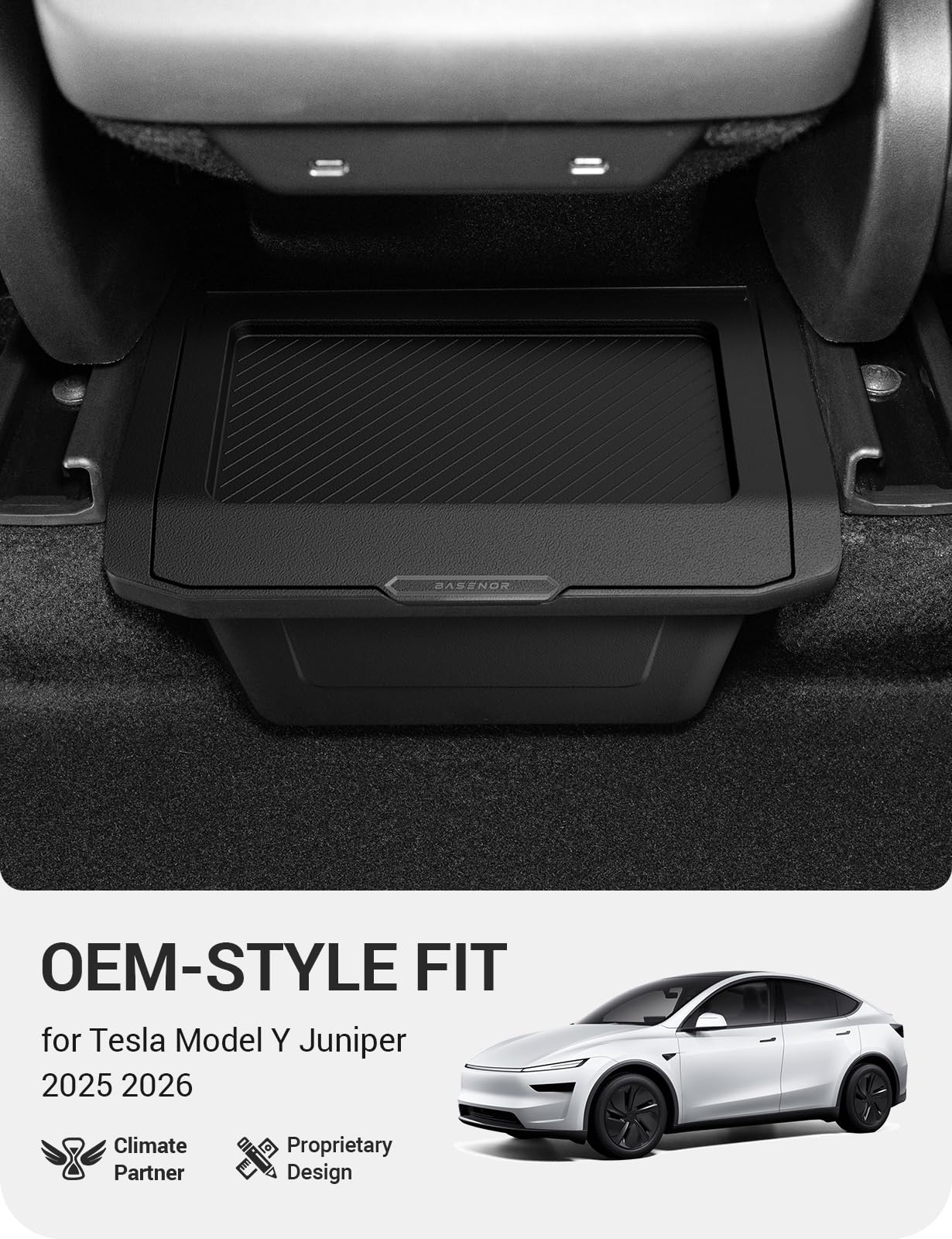 BASENOR rear console organizer for 2025-2026 Tesla Model Y Juniper lifestyle view