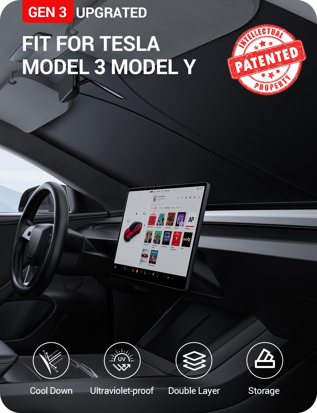 BASENOR 2026 Tesla Model Y/3 Windshield Sunshade, [Nano Ice Crystal] Folding Front Window Sun Shade Cover Heat UV Protection Visor Model Y/3 Accessories 2017-2026 (Standard/Premium/Performance)