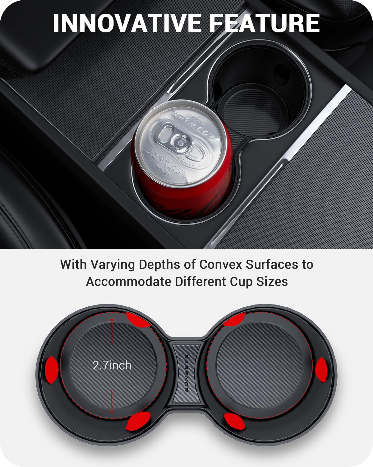 BASENOR Center Console Cup Holder Insert [Carbon Edition] [Fit Trenta Cups] for Tesla Model 3 Highland 2024 2025 Tesla Model Y 2025 Refresh (Juniper), Tesla Refresh Interior Accessories